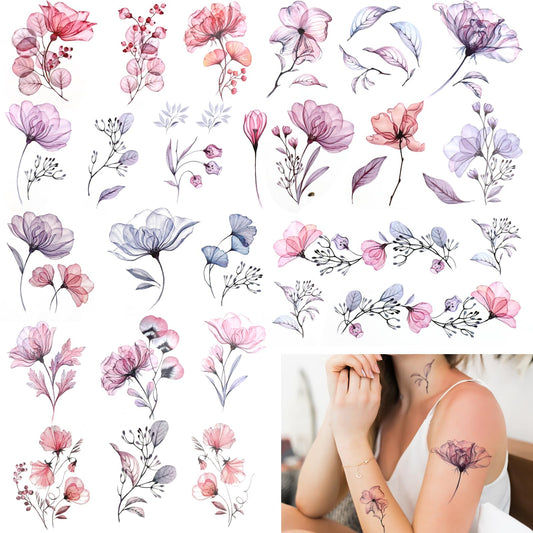Jeffdad 20 Sheets Flowers Temporary Tattoos Stickers, Watercolor Floral Fake Tattoos for Women's Body Art Arm Back