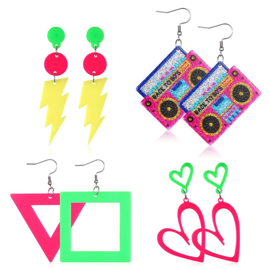 Jeffdad 4 Pairs 80s 90s Neon Earrings for Women, Retro Acrylic Cassette Earrings Lightning Heart Neon Jewelry for 80s 90s Outfit & Halloween Theme Party Accessories