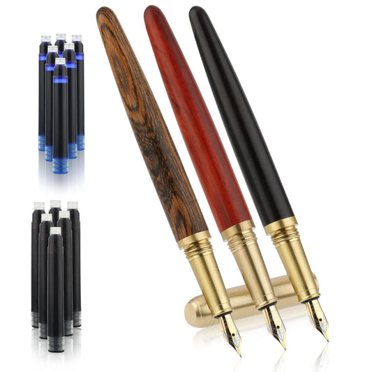 Amaxiu 3 Pcs Luxury Wooden Fountain Pens Set, Vintage Fine Nib Fountain Pen Handcrafted Wood Pen with 12 2.6 mm Ink Cartridges Retro Writing Pen Gift for Calligraphy Business