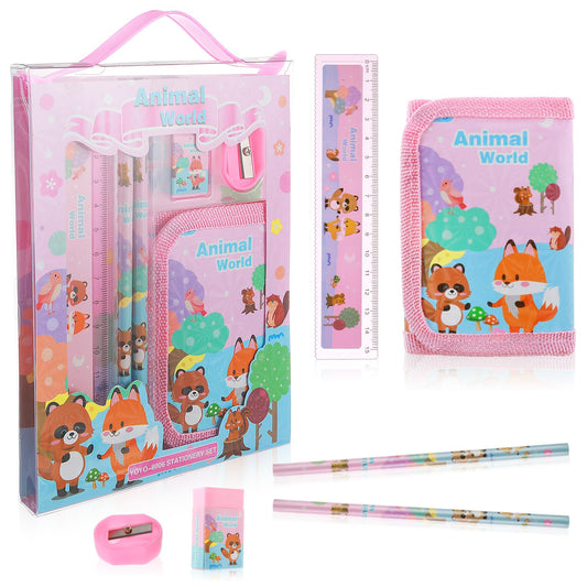 Andibro Cute Animals Stationery Set, Kawaii School Supplies Set Including 2 Pencils Pencil Sharpener Rulers Eraser Coin Purse Universal Office Supplies Back to School Gift for Boys Girls (A)
