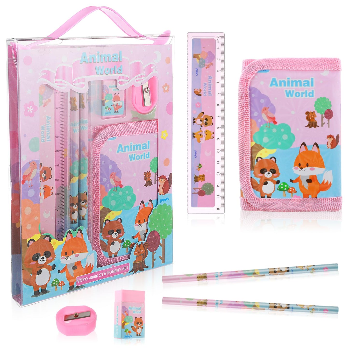Andibro Cute Animals Stationery Set, Kawaii School Supplies Set Including 2 Pencils Pencil Sharpener Rulers Eraser Coin Purse Universal Office Supplies Back to School Gift for Boys Girls (A)
