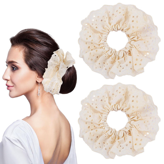 Bewudy 2 Pcs Off White Lace Large Scrunchies for Women, Elastic Hair Bands Scrunchy Soft Hair Ties Ropes Accessories Bobbles Ponytail Holders for Ladies and Girls Hair Scrunchie Accessories