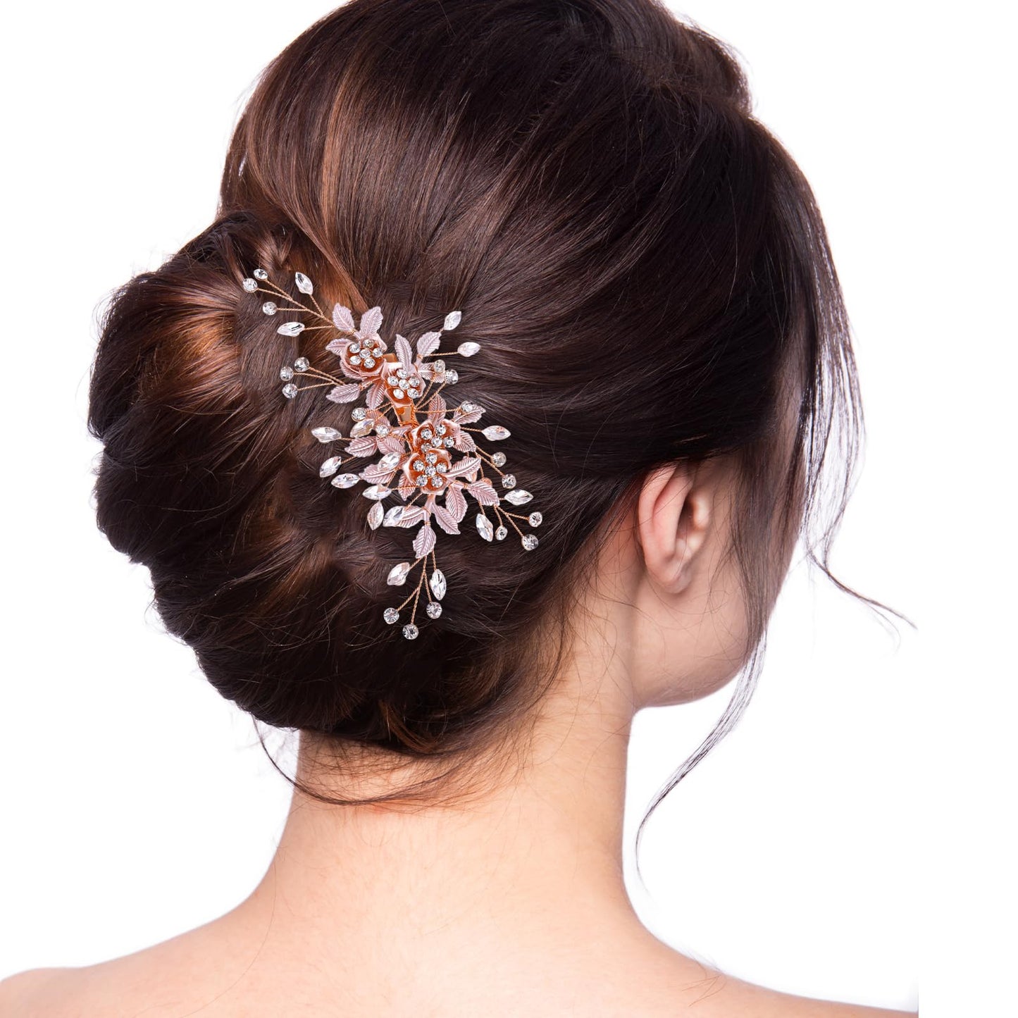 TIESOME Rhinestone Bride Hair Clip, Crystal Wedding Hairpins Vintage Bridal Hairpiece Metal Leaves Hair Accessories Rose Gold Hair Barrettes for Wedding Women Girls