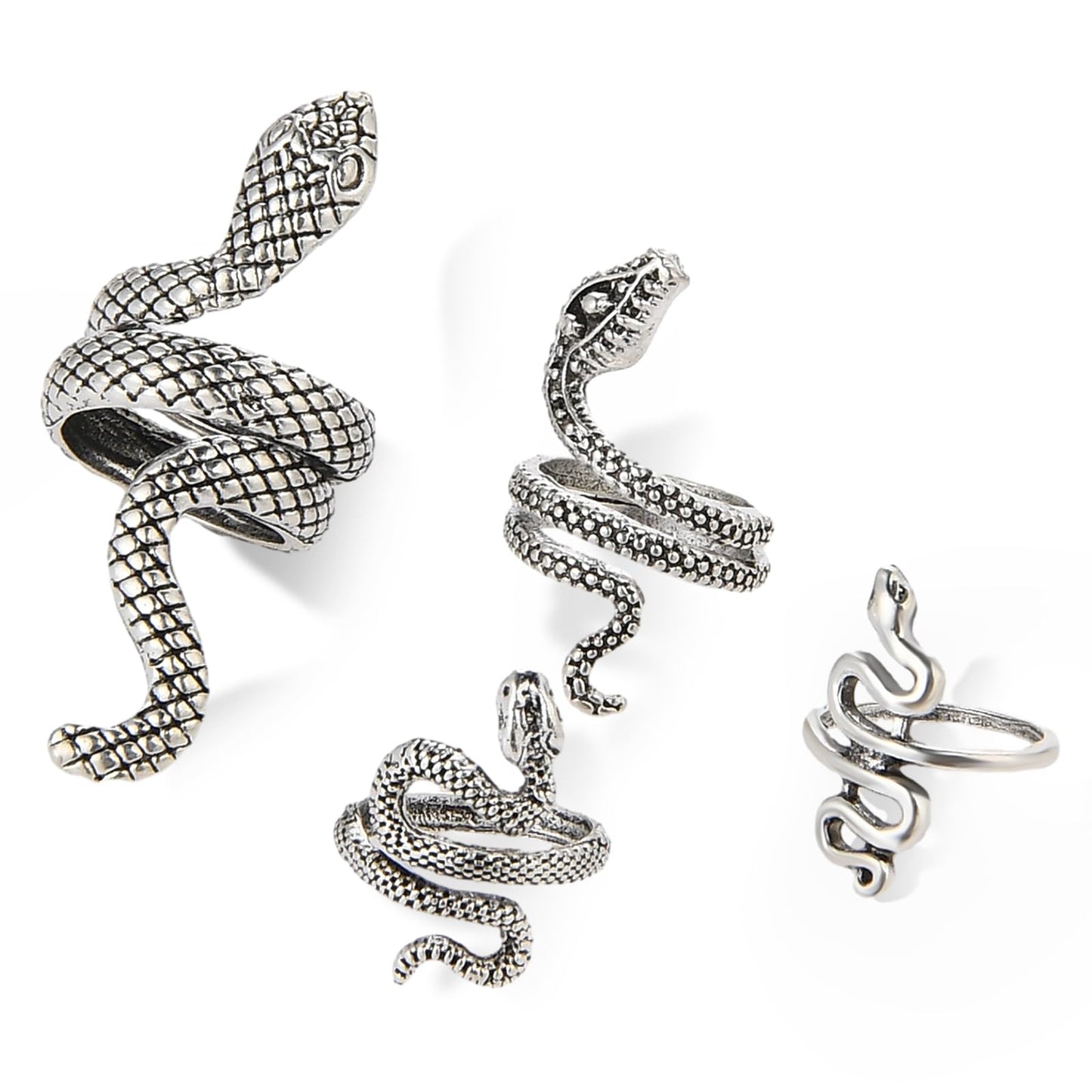 TIESOME 4 PCS Silver/Black Snake Ring for Men Women, Adjustable Punk Gothic Snake Ring Boho Stacking Rings Set Serpent Reptile Vintage Ring Jewelry Joint Finger Rings