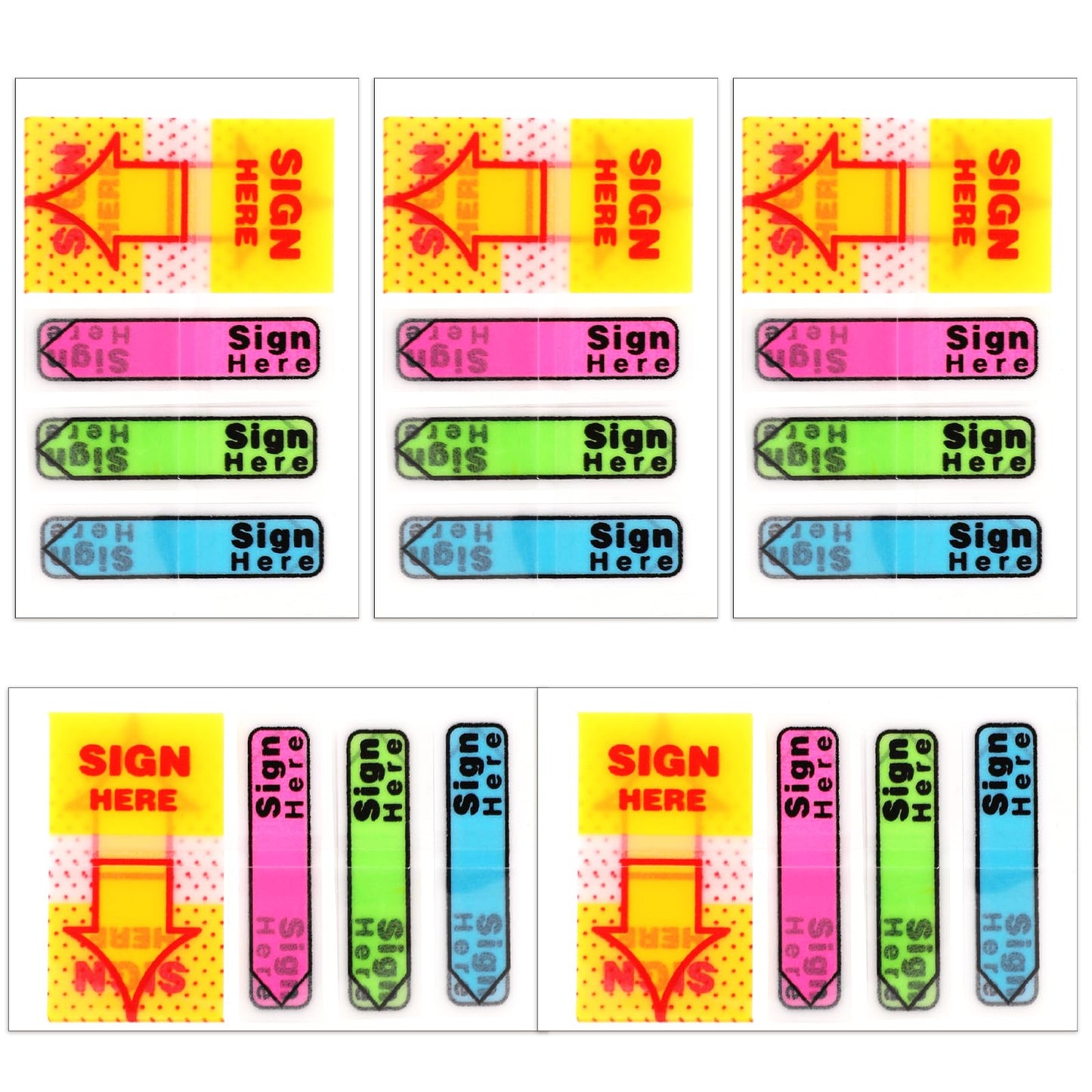 Molain 500Pcs/5 Packs Sign Here Tabs Sticky Flags, Fluorescent Sign Here Arrow Stickers with Dispenser Self-stick Note Signature Index Markers Supplies for Office School(Yellow+Pink+Green+Blue)