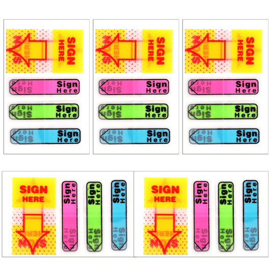 Molain 500Pcs/5 Packs Sign Here Tabs Sticky Flags, Fluorescent Sign Here Arrow Stickers with Dispenser Self-stick Note Signature Index Markers Supplies for Office School(Yellow+Pink+Green+Blue)
