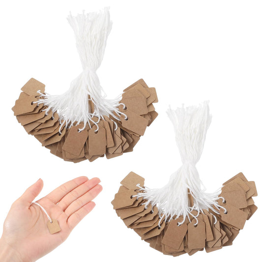 MBAIYO Pack of 200 Small Tag Labels, Price Tags 2.5 x 1.5 cm Kraft Paper Price Tags Gift Tags with Thread Brown and White Handmade Hanging Labels for Clothing Jewellery Display