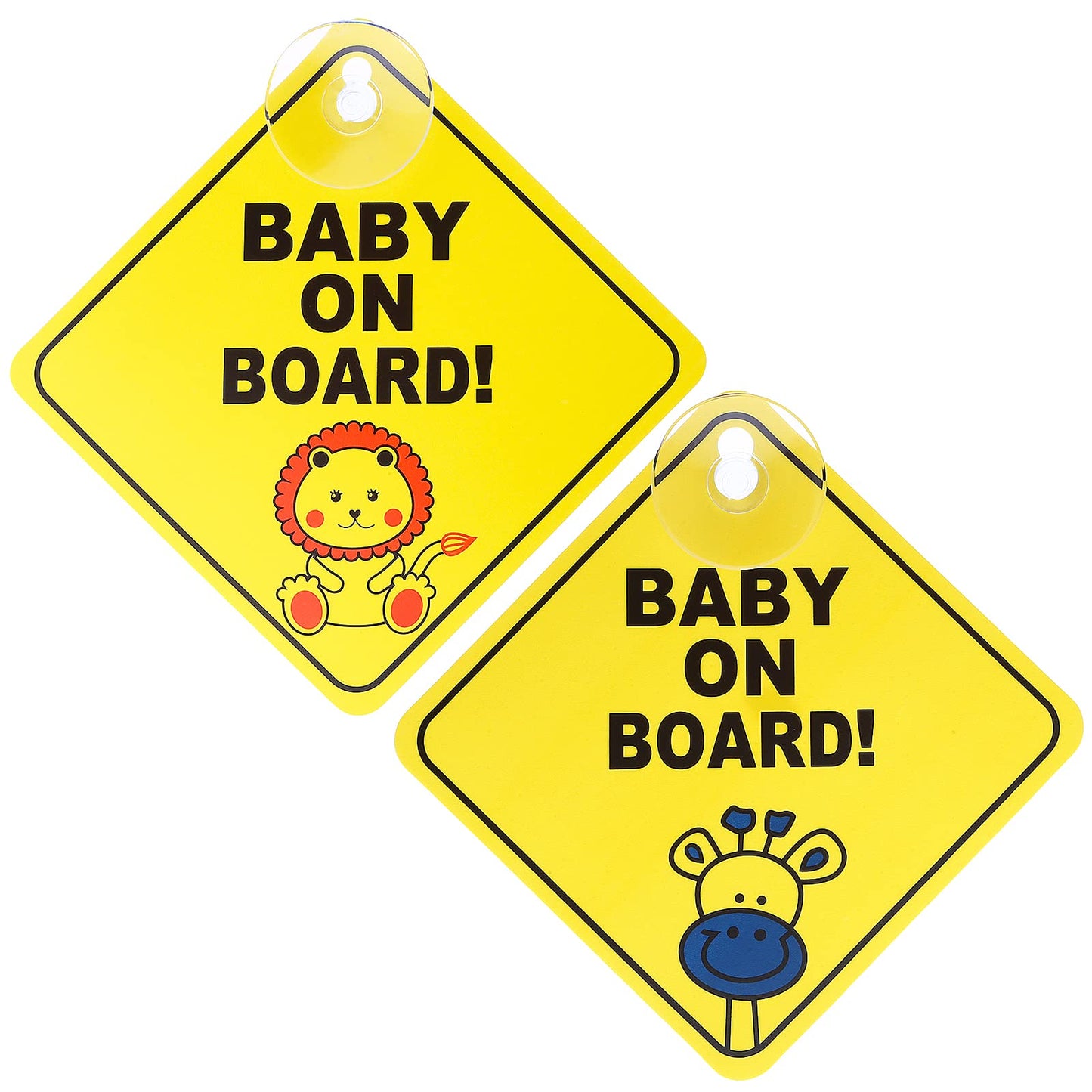 TIESOME 2 pcs Baby on Board Car Warning, Baby on Board Sticker Sign for Car Warning with Suction Cups, Baby in Car Sticker for Car Window Cling Reusable Baby on Board Sticker Decal (Giraffe + Lion)