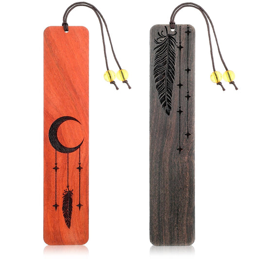 Andibro Wood Bookmark for Book Lovers, 2 Pcs Handmade Natural Wood Carving Bookmarks Vintage Handmade Wooden Book Mark Moon Feather Book Marks Gift for Teacher Women Men Students(A)