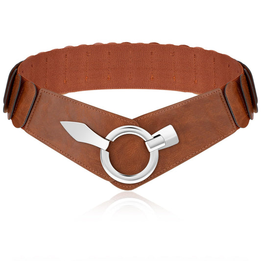 Andibro Vintage Wide Elastic Belt for Women, PU Leather Stretchy Waist Belt Retro Cinch Belt Adjustable Waistband for Dresses(L(90-120cm/35-47.2in),Brown)