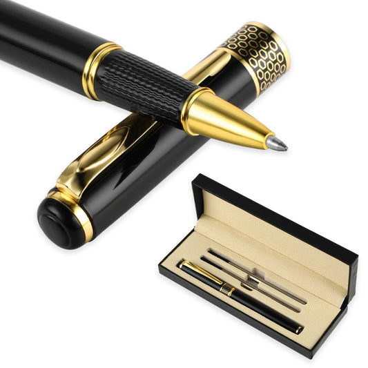 Amaxiu Luxury Rollerball Pen Set, 0.5mm Nice Metal Black Ballpoint Pen with 2 Black Refills Smooth Writing Fancy Pens for Men Women Business Signature Journal Calligraphy Office Gift