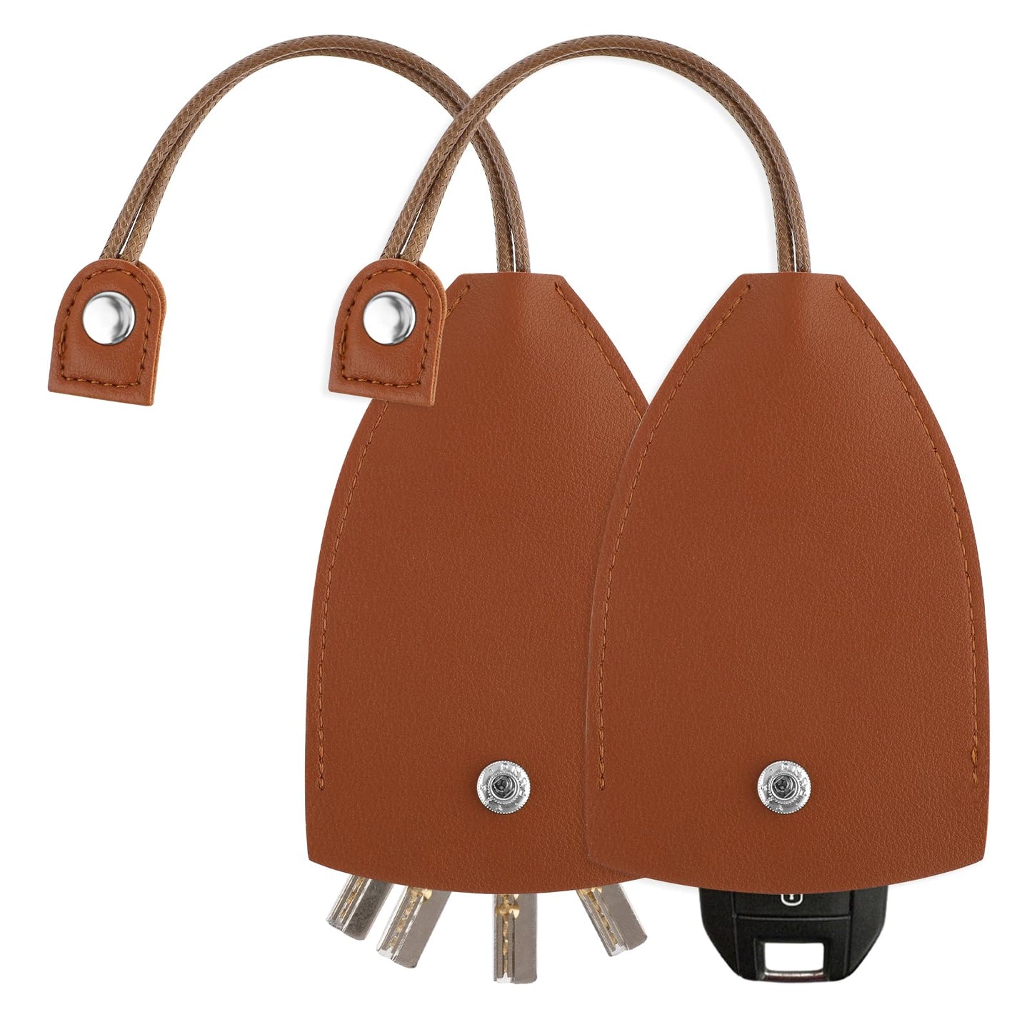 simarro Car Key Case, 2Pcs Creative Pull-out Key Sleeve PU Leather Women’s Large-Capacity Protective Case Cute Car Key Pendant Ornament Key Sleeve with Holder Hook for Most Car Key(Brown)