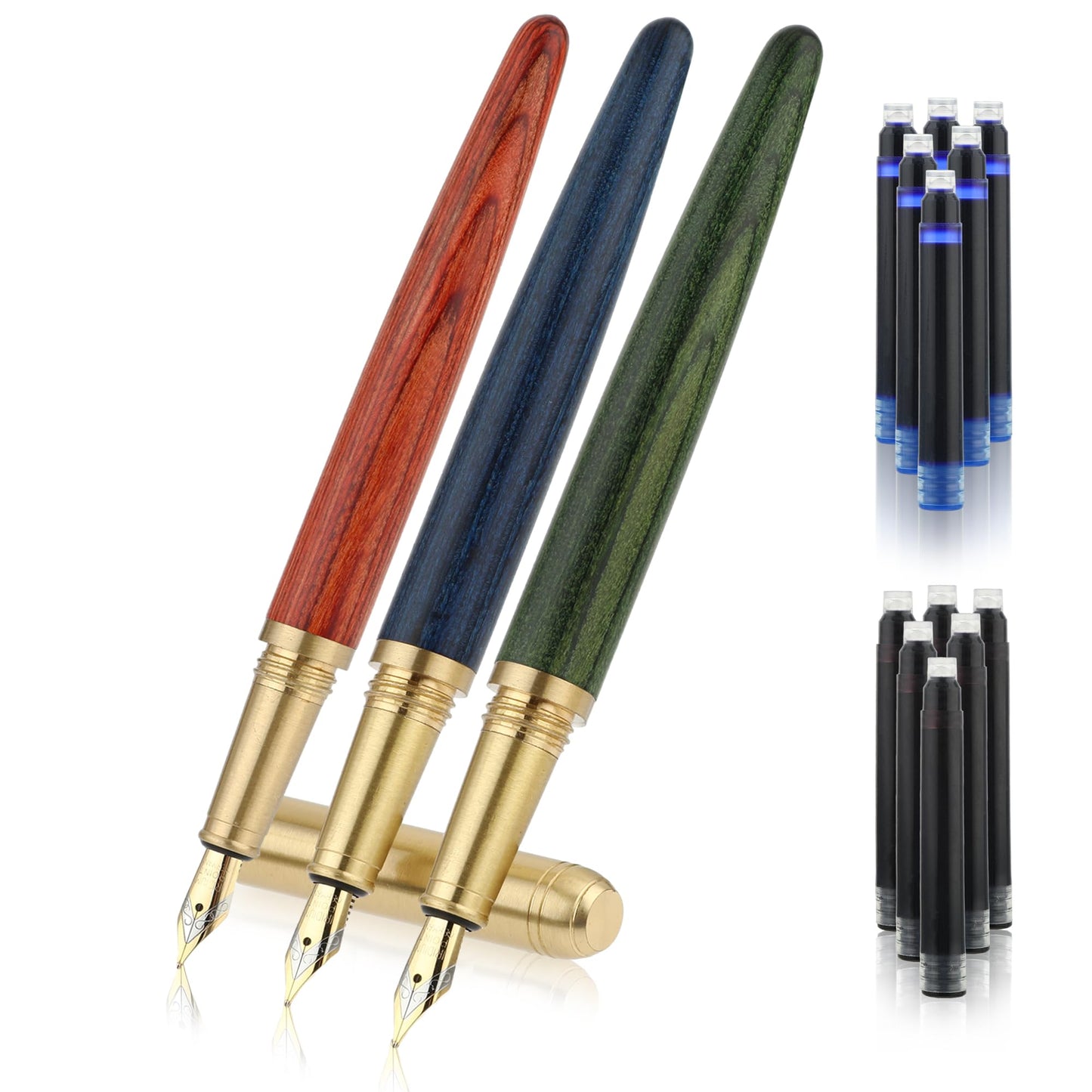 cobee Vintage Wooden Fountain Pens Set, 3Pcs Handcrafted Luxury Wood Fountain Pen 0.5mm Smooth Writing Pen with 12 2.6 mm Ink Cartridges for Journaling Calligraphy School Office (B)