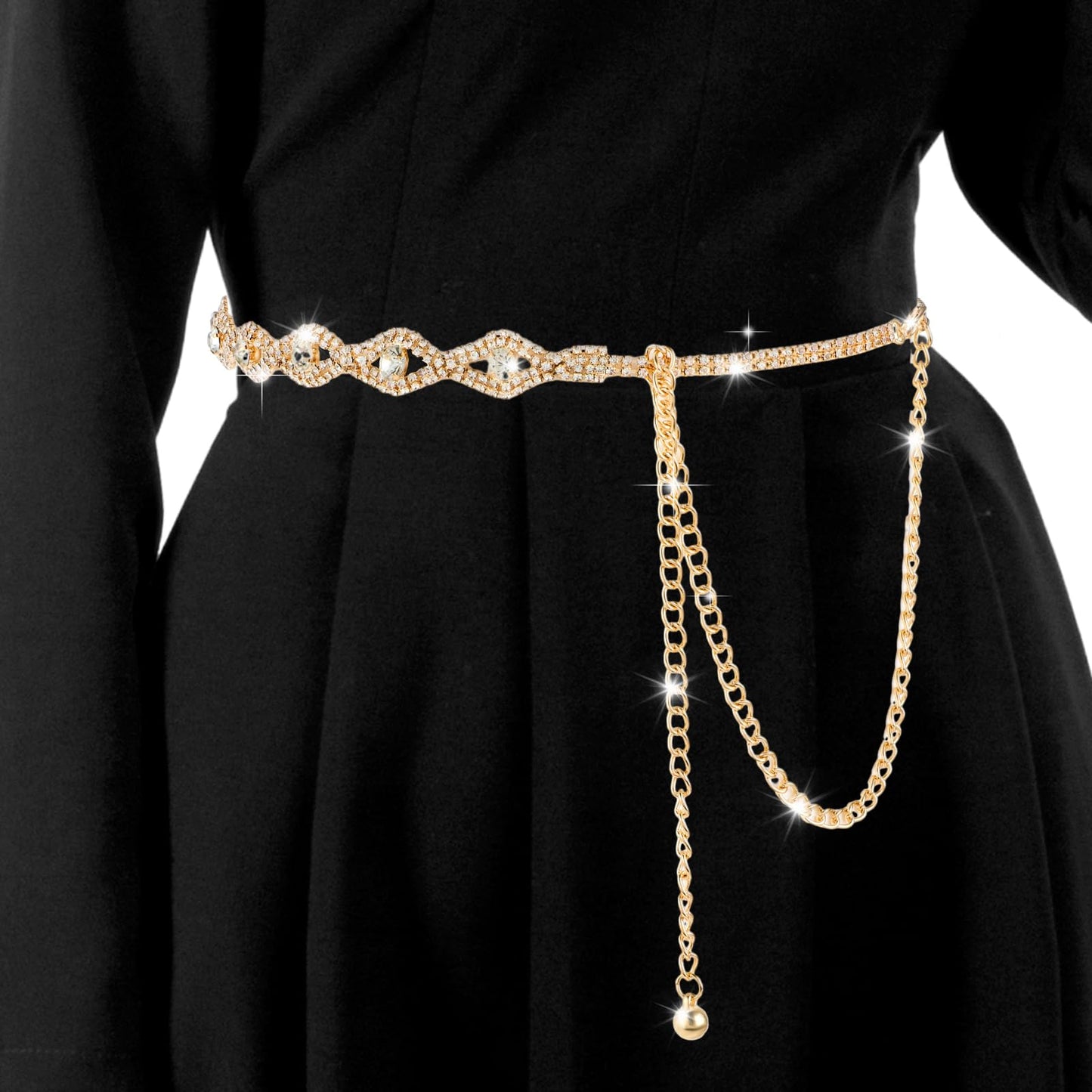 GEEHUA Women Waist Chain Belt, Metal Rhinestones Link Belt Ladies Jeans Dresses Belt Fashion Waist Belt for Women(Gold)