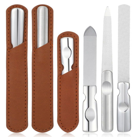 MBAIYO 3 Sizes Nail Files with Leather Case, Stainless Steel Files Set Double Sided Metal Nail Buffer Pointed Tip Manicure Tool Professional Curved rasp for Natural Fingernail Travel Home Salon