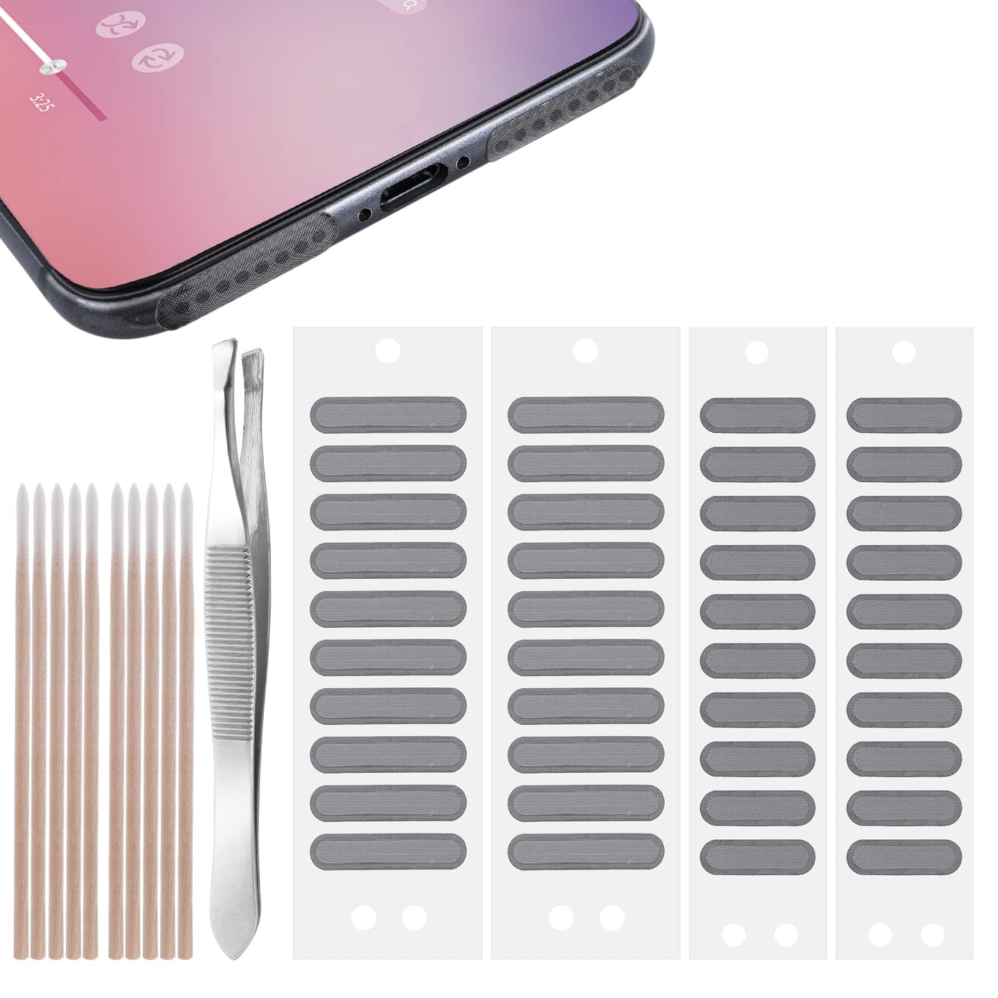 cobee Phone Speaker Dustproof Net Stickers, 51PCS Phone Trumpet Anti Dust Adhesive Stickers Dustproof Cover Kit Mesh Speaker Sticker with Cleaning Swabs and Tweezer(Black)