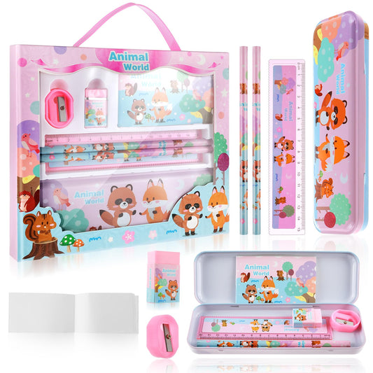 Andibro Cute School Stationery Set, 7Pcs Cartoon Animal World Theme School Supplies Includes Pencils Pen Box Ruler Eraser Pencil Sharpener Mini Note Kawaii Stationery Gifts for Students Kids (A)