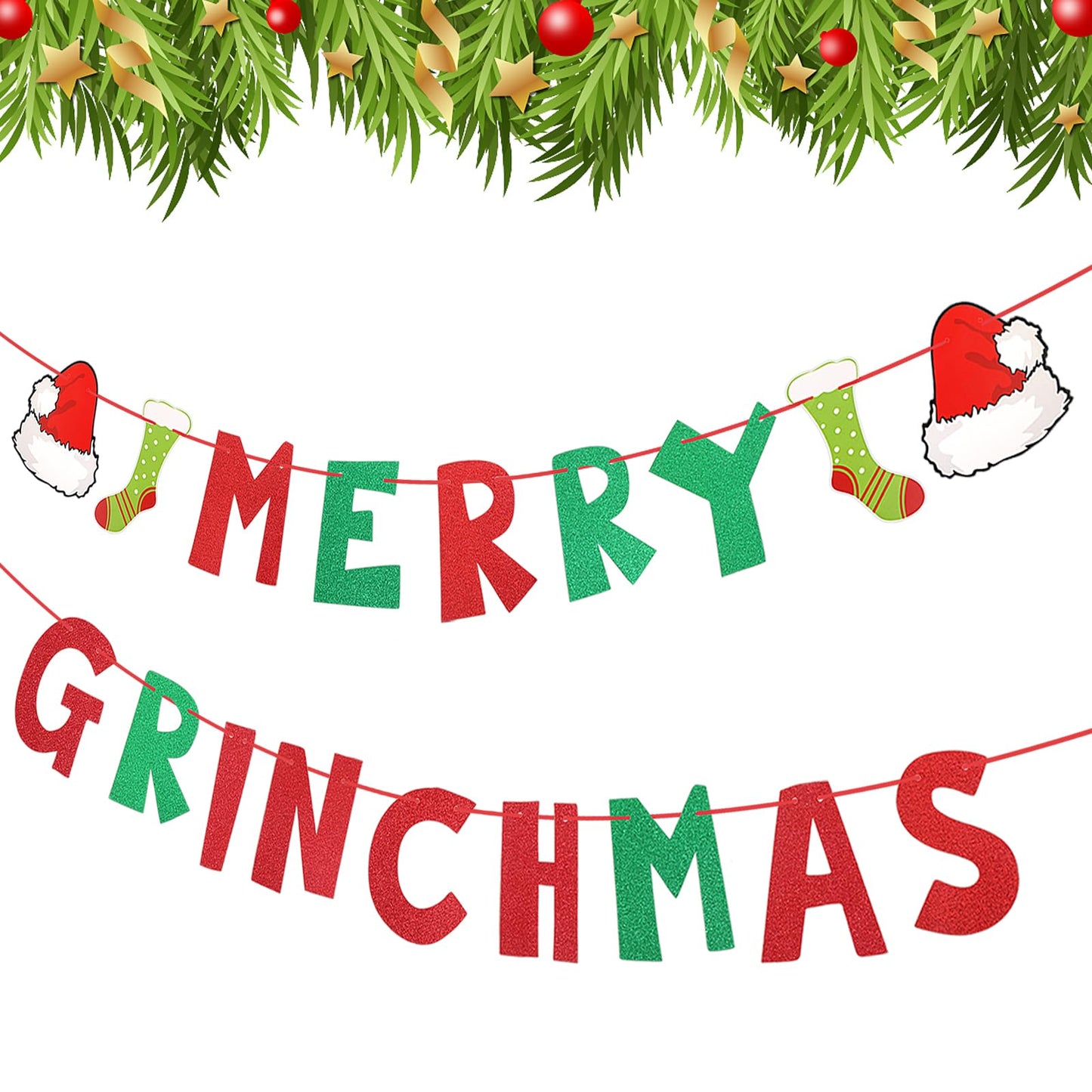 Amaxiu Red Green Merry Grinchmas Banner Decorations, Glitter Paper Banner for Christmas Xmas Decorations Indoor Grinchmas Party Banner with Santa Hat Stocking Stuffer Ornaments for Fireplace Mantel