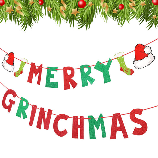 Amaxiu Red Green Merry Grinchmas Banner Decorations, Glitter Paper Banner for Christmas Xmas Decorations Indoor Grinchmas Party Banner with Santa Hat Stocking Stuffer Ornaments for Fireplace Mantel
