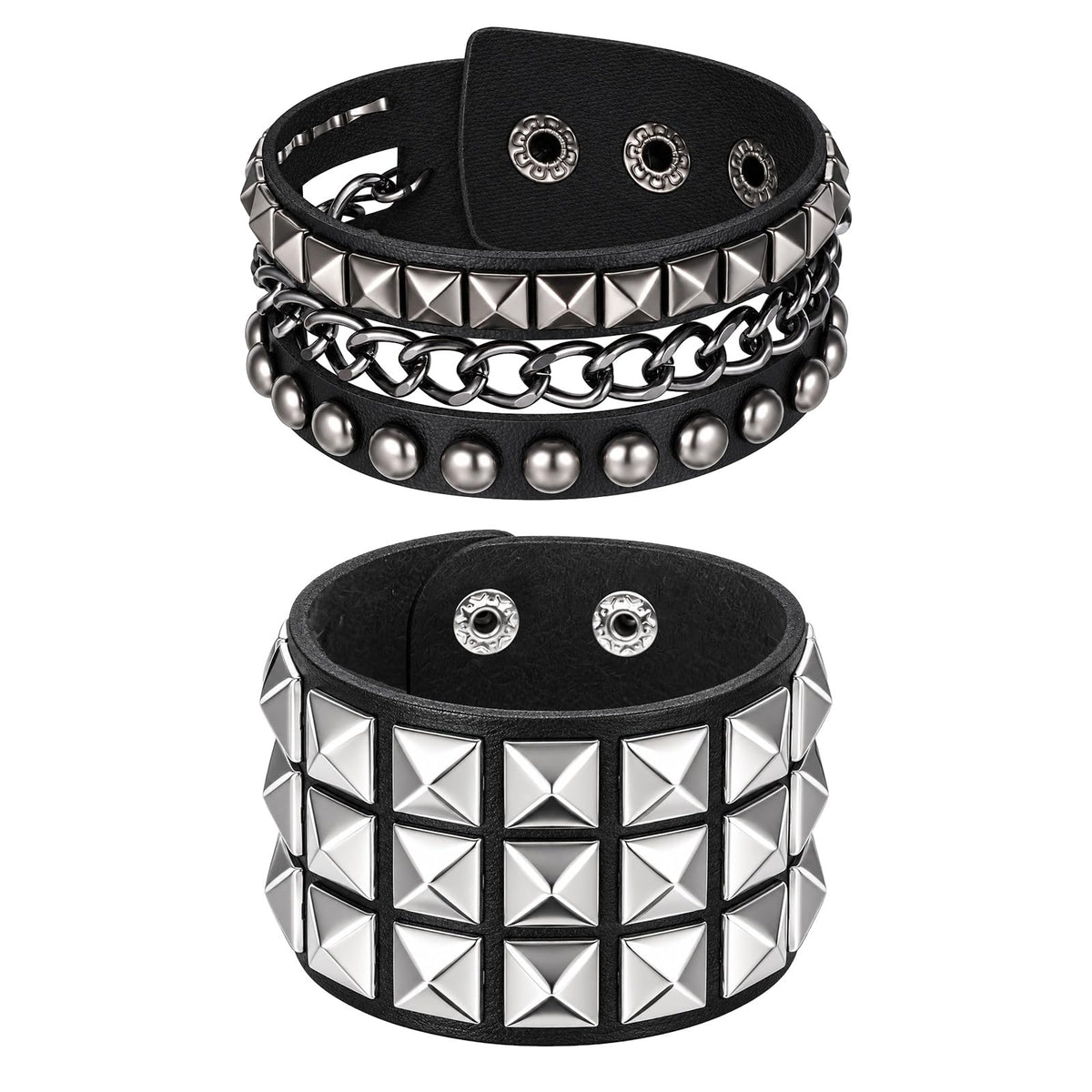 SULIKJHUI Set of 2 Punk Jewellery Unisex Black Leather Bracelet with Rivets