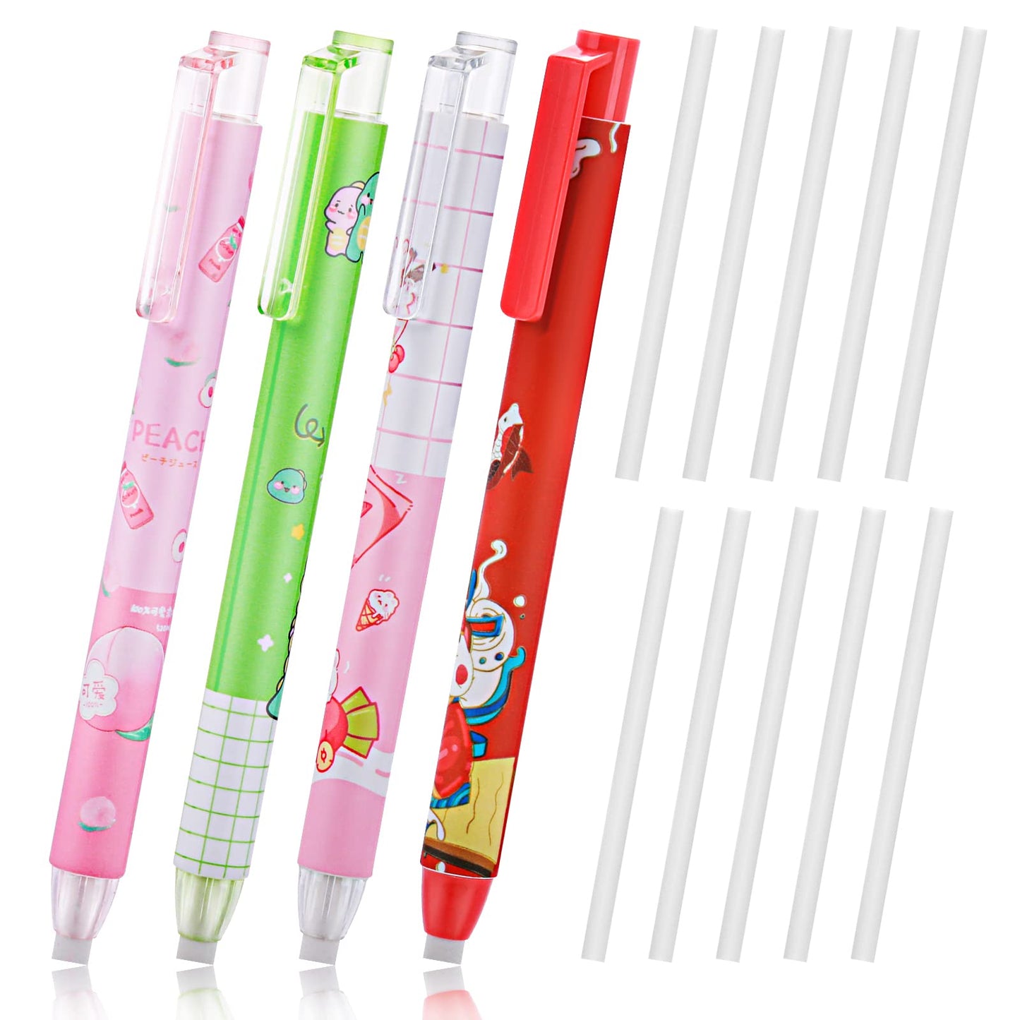 TIESOME Retractable Eraser, 4 Pcs Push Eraser with 10 Spare Refill Push-Pull Pencil Eraser Pen-Style Erasers for Writing Drawing Office School Supplies