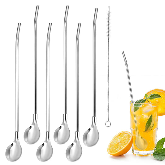 BOHUIZ 6Pcs Stainless Steel Straws Spoons, Reusable Metal Long Handle Straws Spoon with 1 Cleaning Brushes Snow Drinking Ice Tea Long Spoons Straw for Cocktail Milkshake