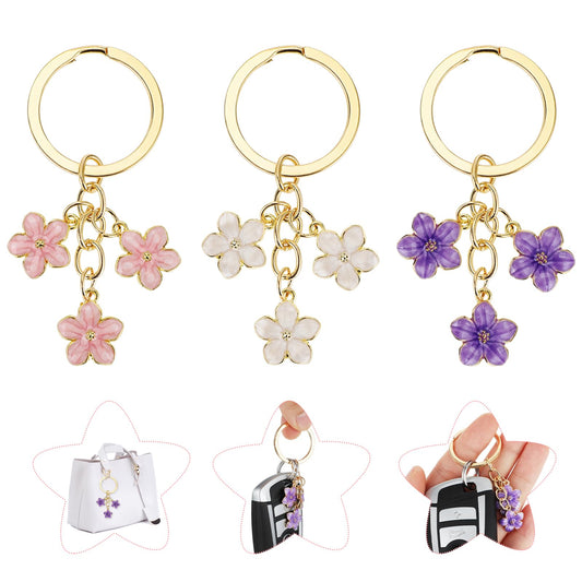 Jeffdad 3pcs Cute Flowers Keyrings, Cherry Blossoms Keychain Bag Pendant Key Ring for Women Best Gift for Women Key Purse Bag Accessories