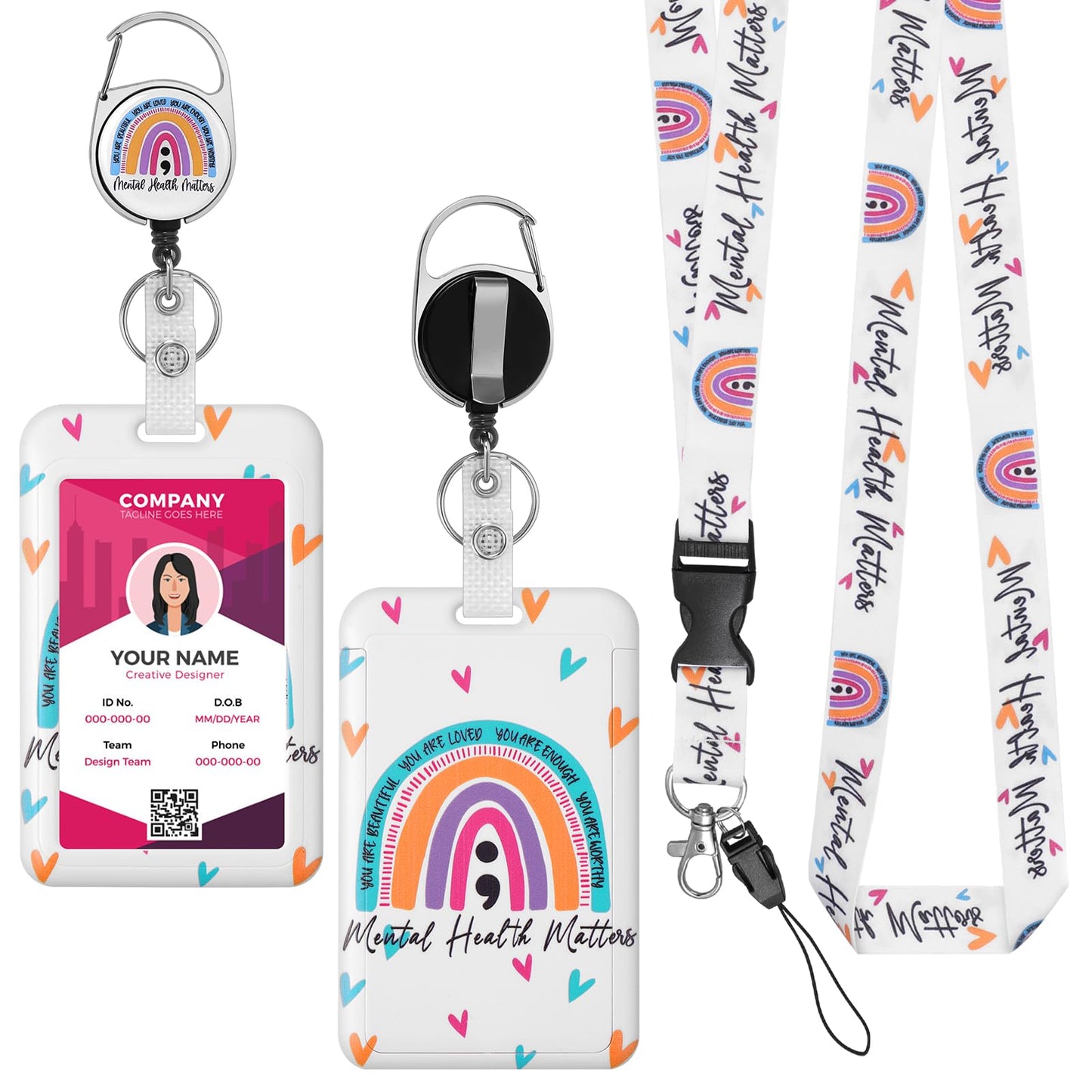 Amaxiu Boho Rainbow Badge Card Holder Lanyard Set, Hard Plastic Cute ID Card Holder with Retractable Badge Reel and Detachable Neck Lanyard Heavy Duty ID Card Protector for Nurse Teacher(D)