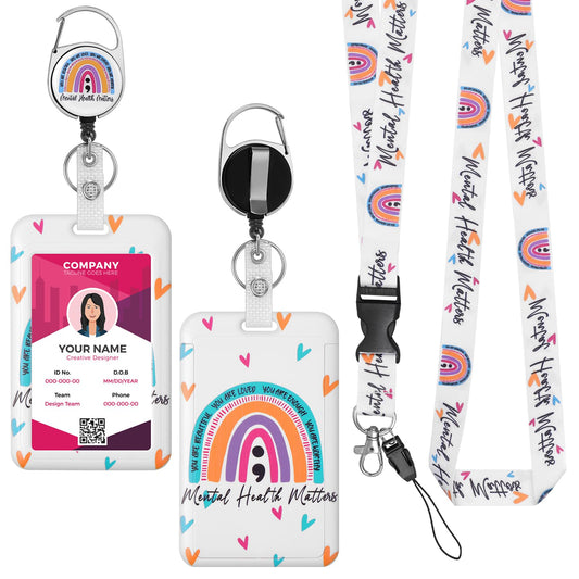 Amaxiu Boho Rainbow Badge Card Holder Lanyard Set, Hard Plastic Cute ID Card Holder with Retractable Badge Reel and Detachable Neck Lanyard Heavy Duty ID Card Protector for Nurse Teacher(D)