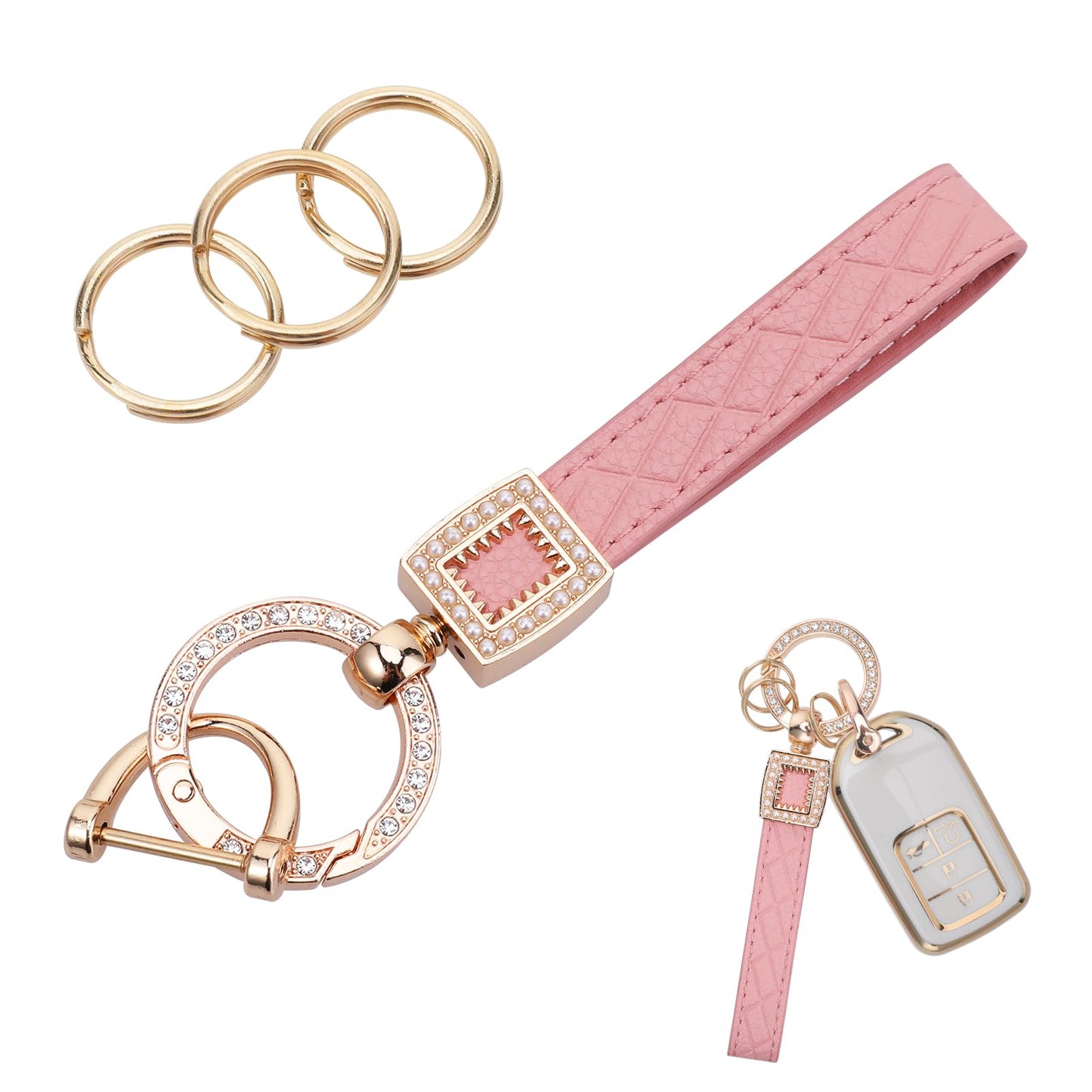 cobee Microfiber Leather Car Keychain, Bling Universal Key Fob Holder with Anti Lost D Buckle 360 Degree Rotatable Car Key Fob Keychain Holder with 3 Keyrings and Repair Bar (Pink)