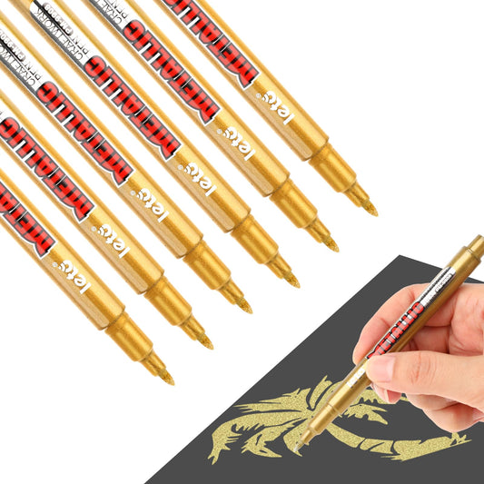 Jeffdad 6 Pcs Upgrade Metallic Marker Pens, Gold Metallic Permanent Markers for Paper, Glass, Fabric, Rock Painting, Gift Card Making, Scrapbook Album, Artist Illustration(Gold)