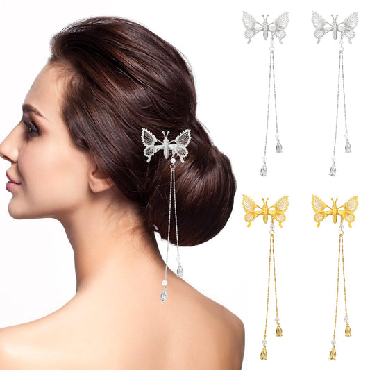 Amaxiu Moving Butterfly Hair Clips, 4 Pcs 3D Metal Butterfly Hairclips with Tassel Cute Hollow Butterfly Hair Pins Move Wedding Hair Clamps Hair Accessories for Women Gril (Gold+Sliver)