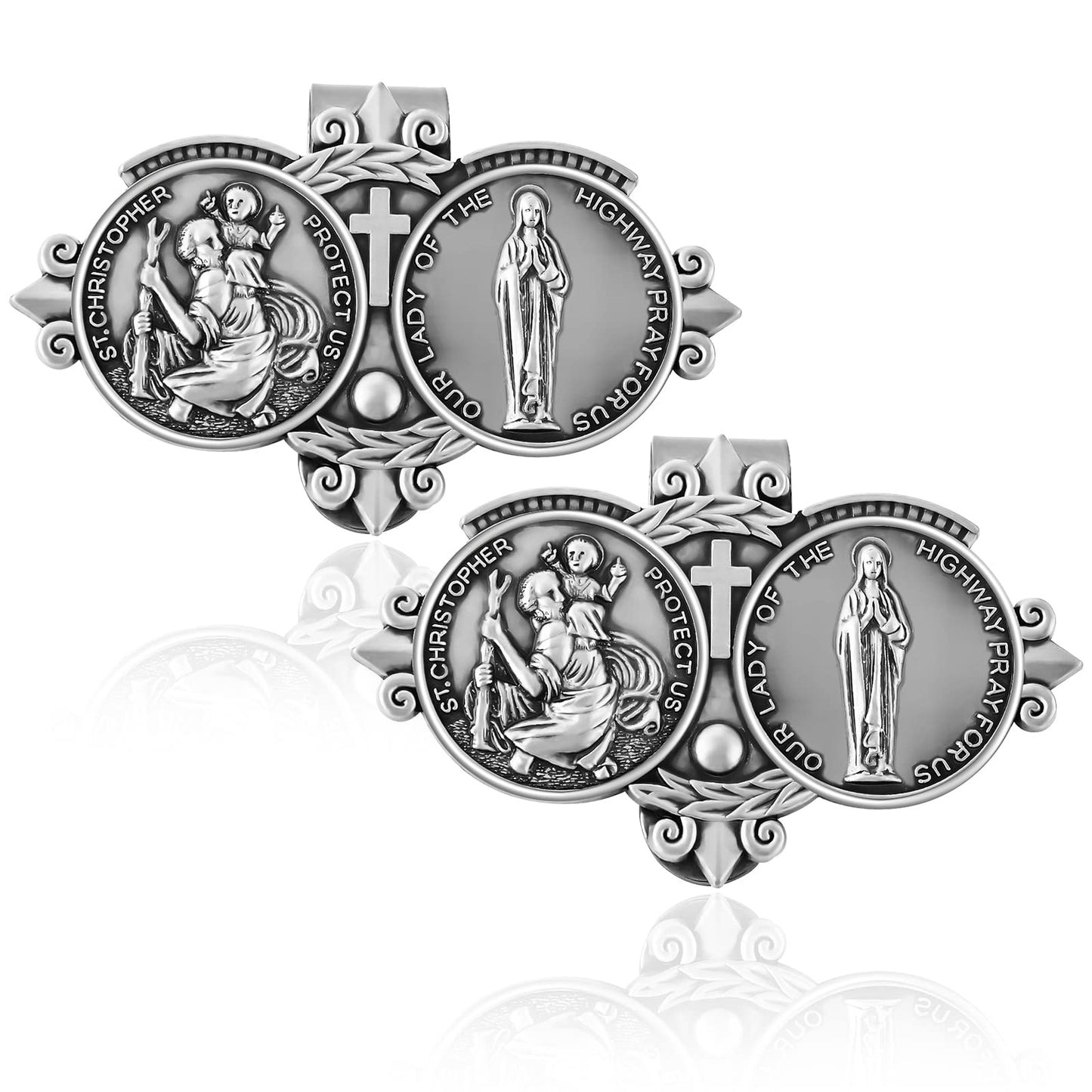 cobee Saint Christopher Visor Clips/Our Lady of the Highway Visor Clips, 2 Pcs Catholic Visor Clips St Christopher Medal for Car Visor Clips Bless Driving Safety Car Visor Clips Gift for New Driver