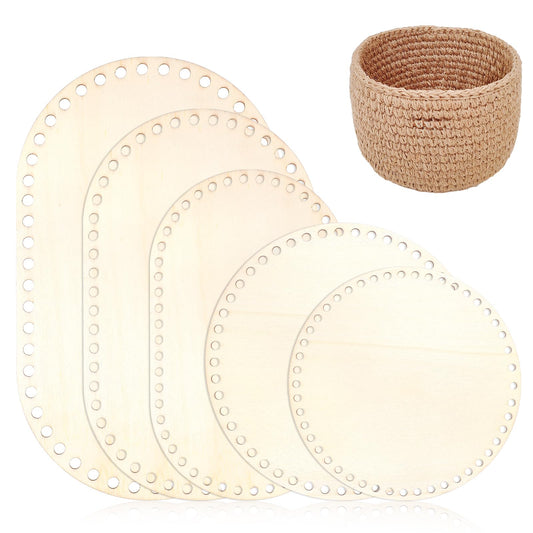 Giantree Wooden Basket Bottom, 5 PCS 5 Sizes Oval Circle Blank Solid Crochet Basket Wood Base for DIY Basket Craft Weaving Making Supplies