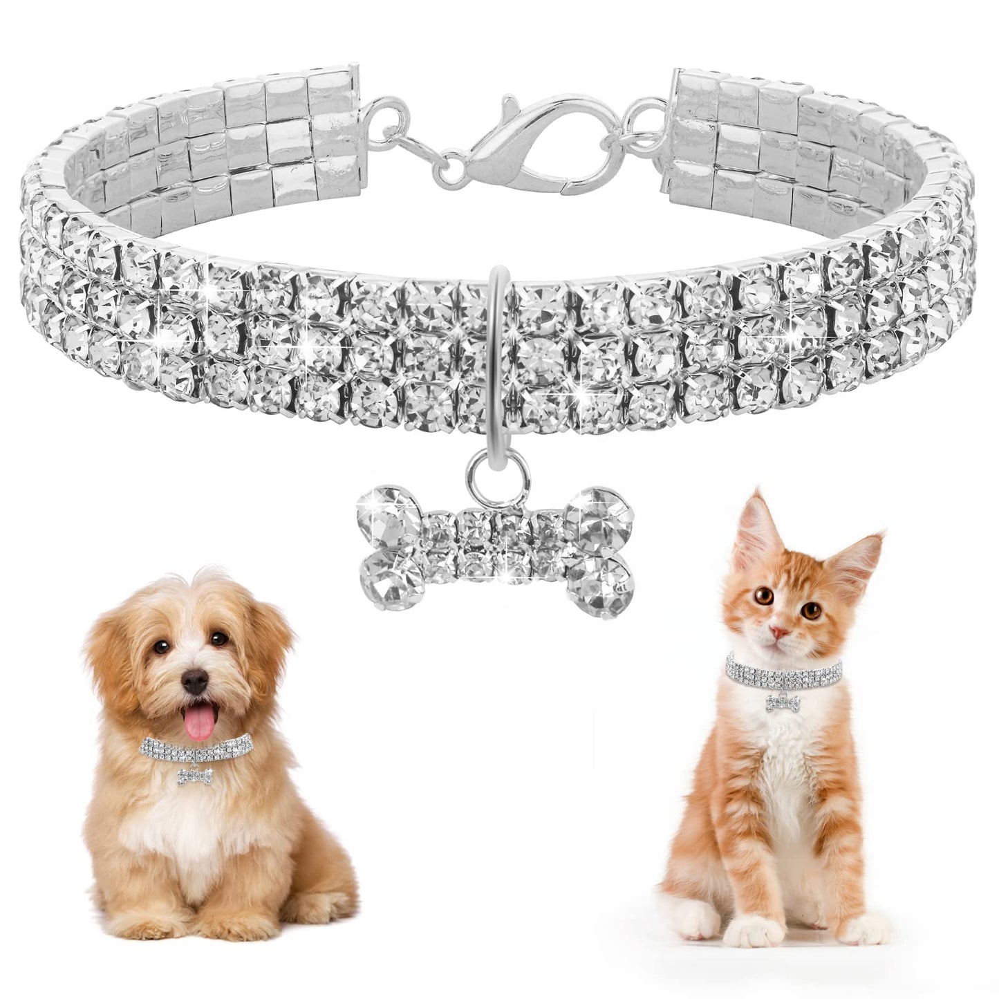 TIESOME Bling Cat Dog Collar, Rhinestone Pet Collar Necklace Crystal Diamond Elastic Adjustable Collar with Pendant for Puppy Kitten(Bone)