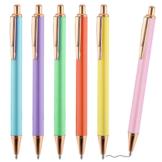 Amaxiu Glitter Ballpoint Pens, 6pcs Bling Metal Pens 1.0mm Click Black Ink Retractable Rollerball Pens for Drawing Journal Writing Note Taking Students School Office Supplies(Solid Color)