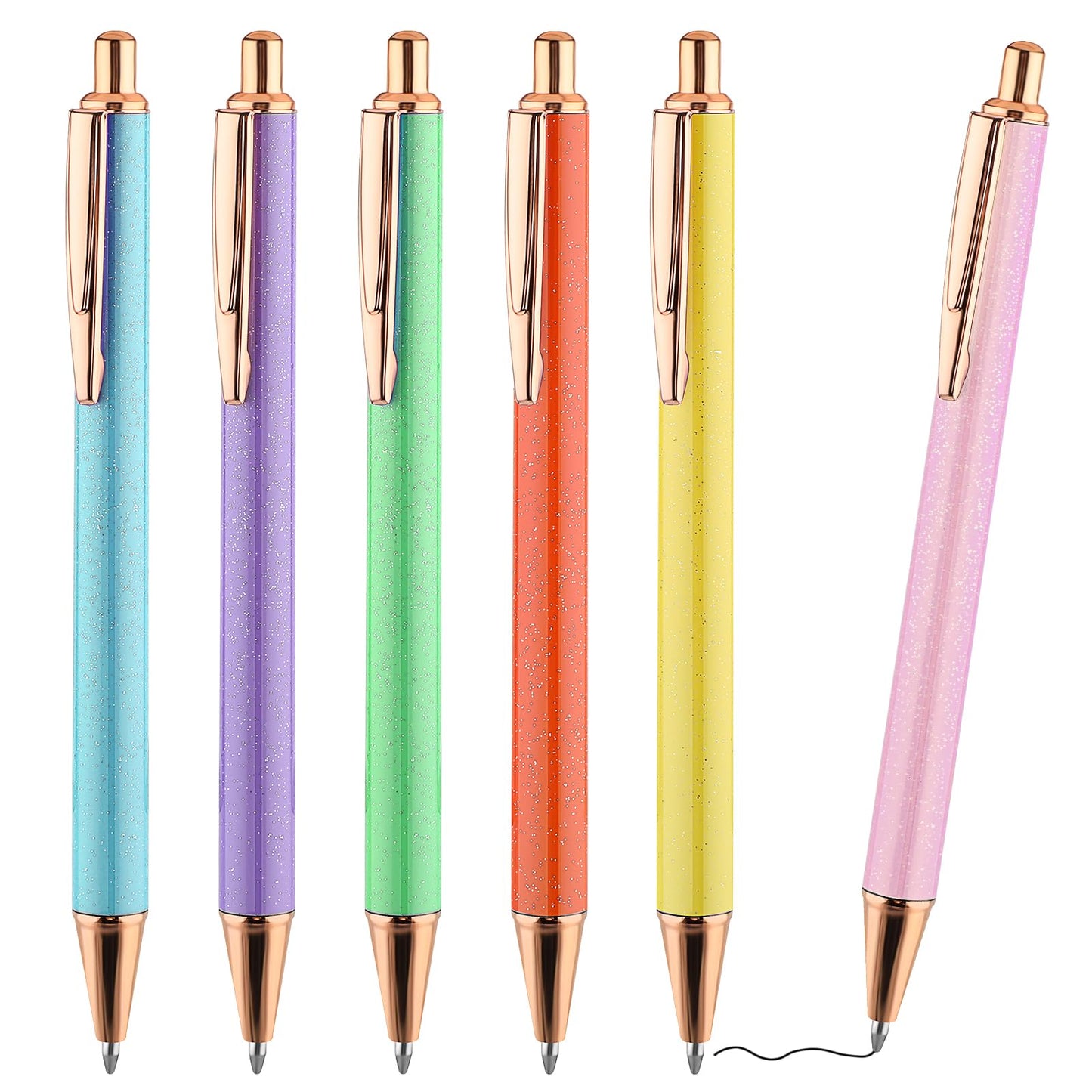 Amaxiu Glitter Ballpoint Pens, 6pcs Bling Metal Pens 1.0mm Click Black Ink Retractable Rollerball Pens for Drawing Journal Writing Note Taking Students School Office Supplies(Solid Color)