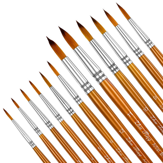 JJUNW 12 Pcs Round Watercolor Brushes, Watercolor Painting Brushes, Artist Watercolor Paint Brushes Round Paint Brushes Detail Paint Brushes for Acrylics Gouache Oil (Brown)