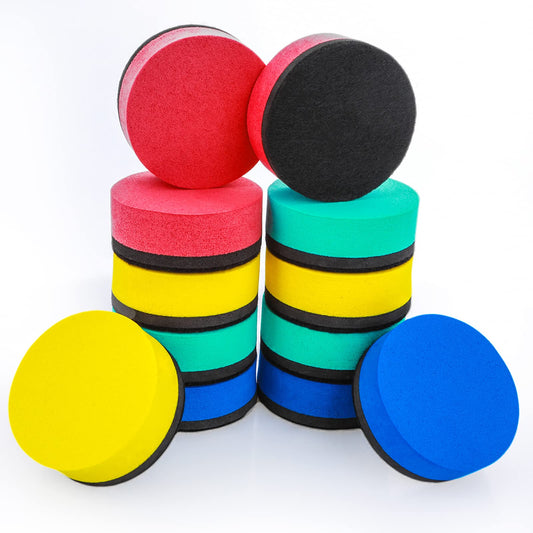 cobee 12 Pcs Magnetic Whiteboard Eraser with Thick Felt Pad, Mini Dry Eraser Round-Shaped Dry Wipe Erasers for Cleaning Drywipe Boards Chalkboard Cleaner Board for School Home Offices(4 Colors)