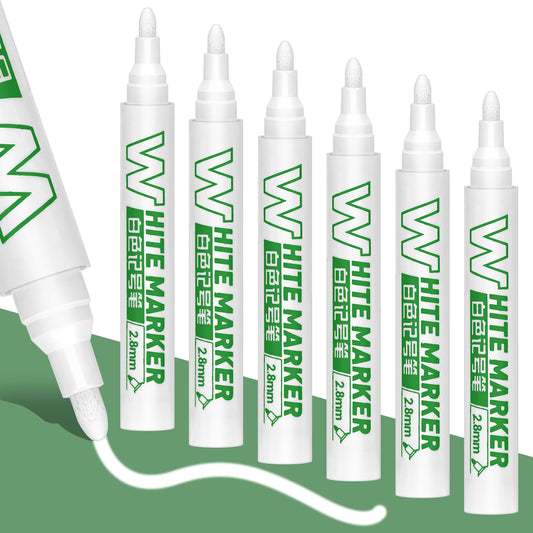 Jeffdad 6 Pcs White Paint Marker Paint Pens, Acrylic Permanent Marker, 3mm Medium Point Water Based Marking Pens, Quick Drying and Waterproof Paint Pens for Wood Rock Plastic Leather Glass Stone Art
