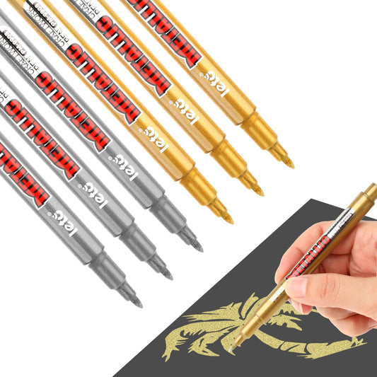 Jeffdad 6 Pcs Upgrade Metallic Marker Pens, Gold and Silver Metallic Permanent Markers for Paper, Glass, Fabric, Rock Painting, Gift Card Making, Scrapbook Album, Artist Illustration(Gold and Silver)