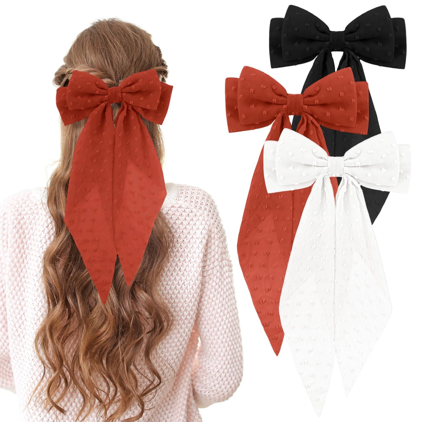 TIESOME Chiffon Ribbon Bows For Hair,3PCS Big Tulle Hair Bows For Girls Large Hair Bow Barrettes For Women Long Ribbon Bows French Hair Clips Kawaii Aesthetic Wedding Hairpins (Red-Brown+Black+White)