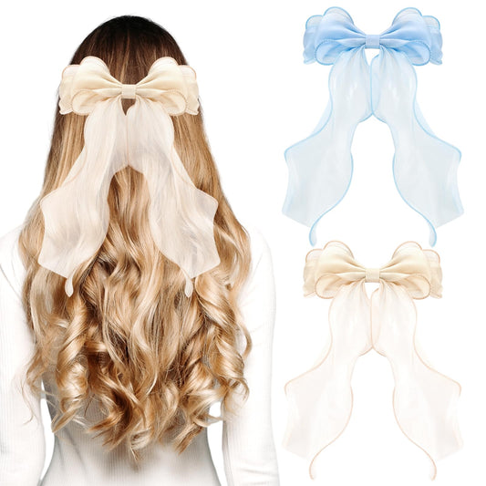 Andibro Big Silk Satin Bow Hair Slides for Women, 2Pcs Large Hair Bow Clips Solid Color Long Silk Ribbon Bow Hairclips French Double Layers Hair Barrettes Bow Hair Dress Up Accessories Decor for Girls