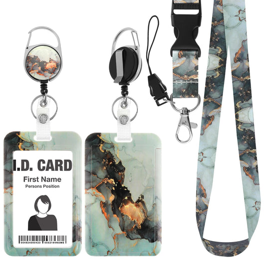Marble Print Badge Holder, Worker Badge Holder Retractable Badge Reel Clip with Breakaway Lanyard Vertical Card for Nurse Doctor Office School Teacher Name Credit Card Pocket (Black, Gold)