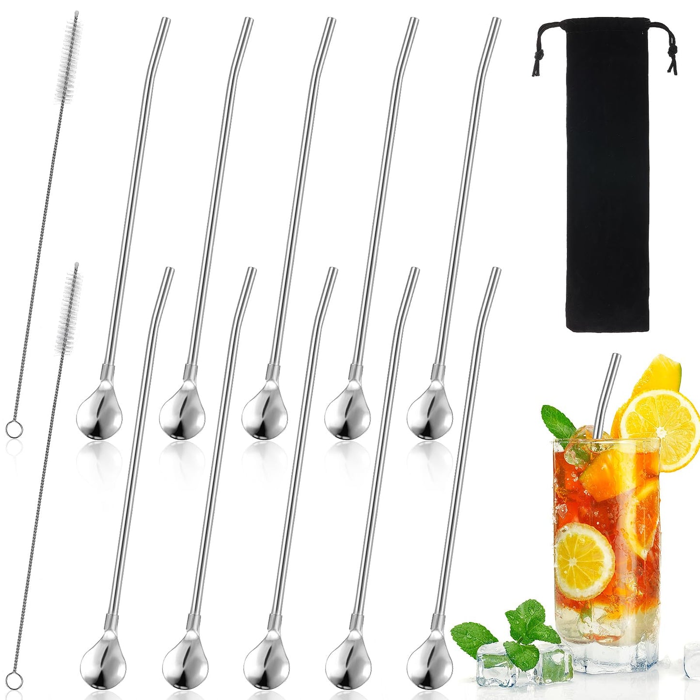 cobee 2 in 1 Reusable Long Spoon Straws, 10 Pcs Stainless Steel Drinking Straw Spoon with 2 Straw Cleaning Brushes Beverage Straw Mixing Spoon
