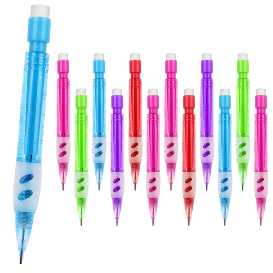 Molain Mini Mechanical Pencil Set, 12PCS 0.7mm Automatic Pencils with Erasers Drafting Pencil with Silicone Pencil Handguard Mini Pencil Stationery Supplies for Writing Drawing Home Office
