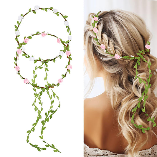 Andibro Flowers Crown Floral Garland,2pcs Headband Rose Flower Wreath Handmade Bohemian Style Headdress for Fun Day Out Bridal Headwear Party Festivals Hair Accessories (White＋Pink)