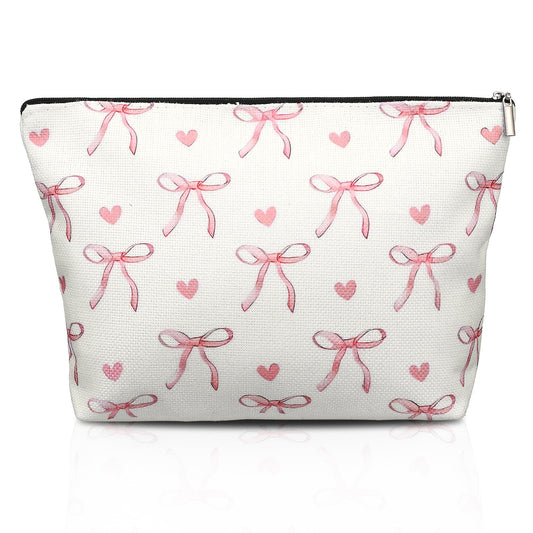 Molain Pink Coquette Bow Makeup Bag, Cute Preppy Cosmetic Bag with Zipper, Lovely Heart Bow Make up Pouch, Travel Toiletry Bags Gifts for Women Teens Girls