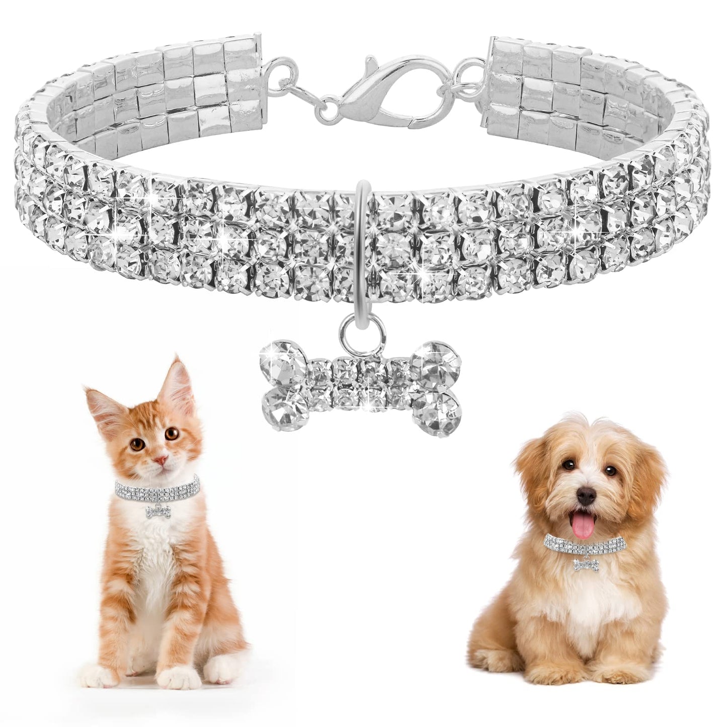 Cobee Bling Cat Dog Collar, Rhinestone Pet Collar Necklace Crystal Diamond Elastic Adjustable Collar with Pendant for Puppy Kitten(Bone Pendant)