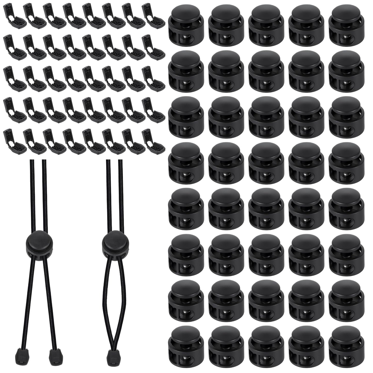 WJIAAA Pack of 40 Black Plastic Cord Locks, +40 Cord Ends, Laces Stopper, Quick Release with 2 Holes, Double Hole Spring Toggle Closure Clip, for Drawstring, Paracord, Bags, Clothing